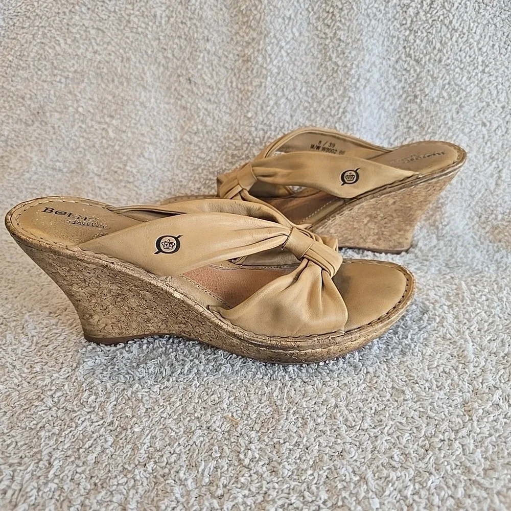 Born Driless Womens Monte Carlo Sandal Size 8 Tan Leather Slip-on Wedge Mule